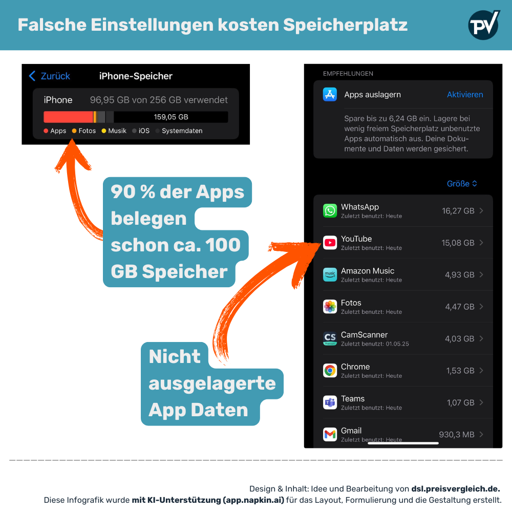 Ein Screenshot der iPhone-Speicherverwaltung, der zeigt, dass 90 % der Apps bereits 100 GB Speicher belegen. Der Bildschirm hebt die Apps hervor, die viel Speicher benötigen, und weist auf die wichtige Information zur Auslagerung von App-Daten hin.
