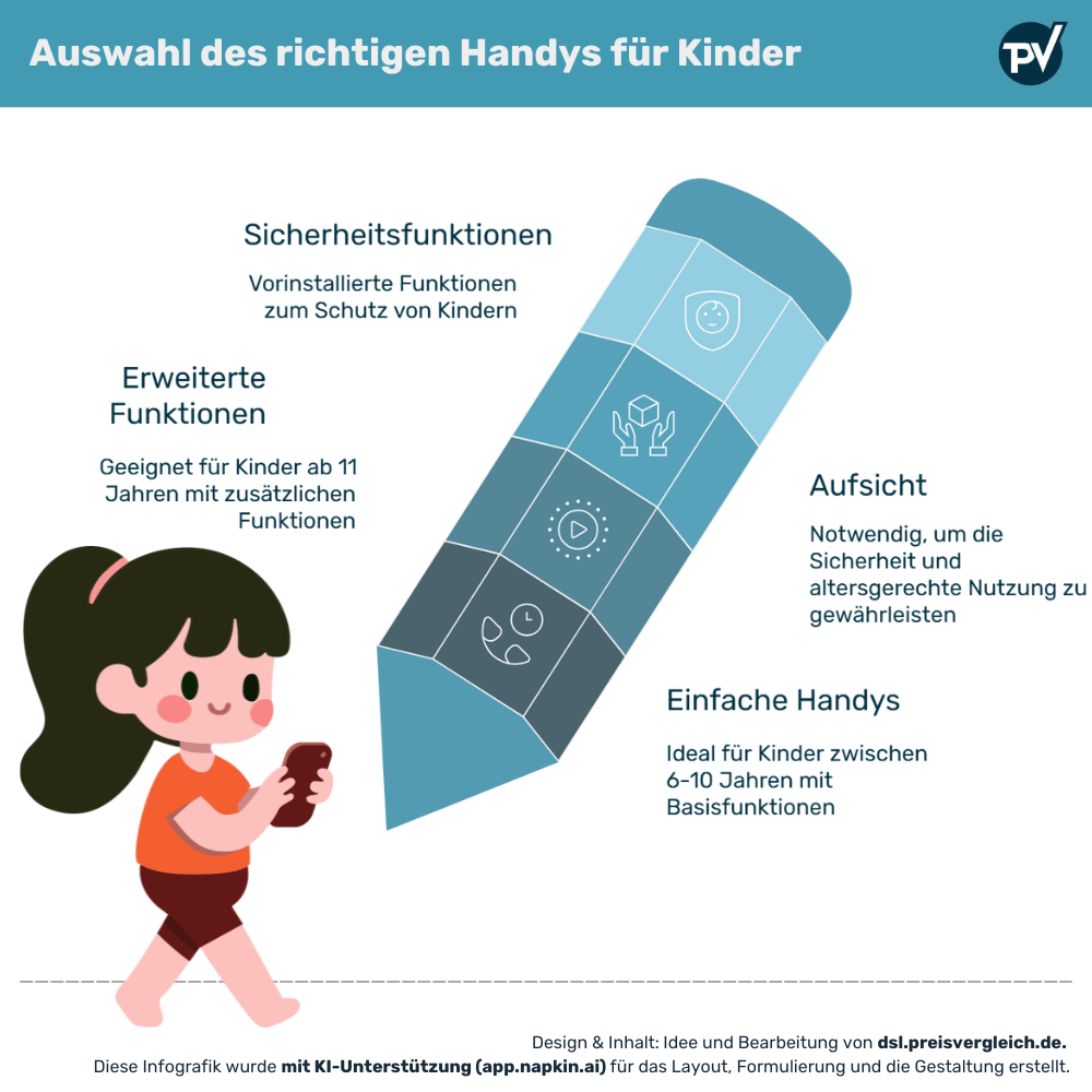 Eine Infografik, die Tipps und Faktoren zur Auswahl eines Kinderhandys zeigt, mit verschiedenen Icons und informativen Abschnitten.
