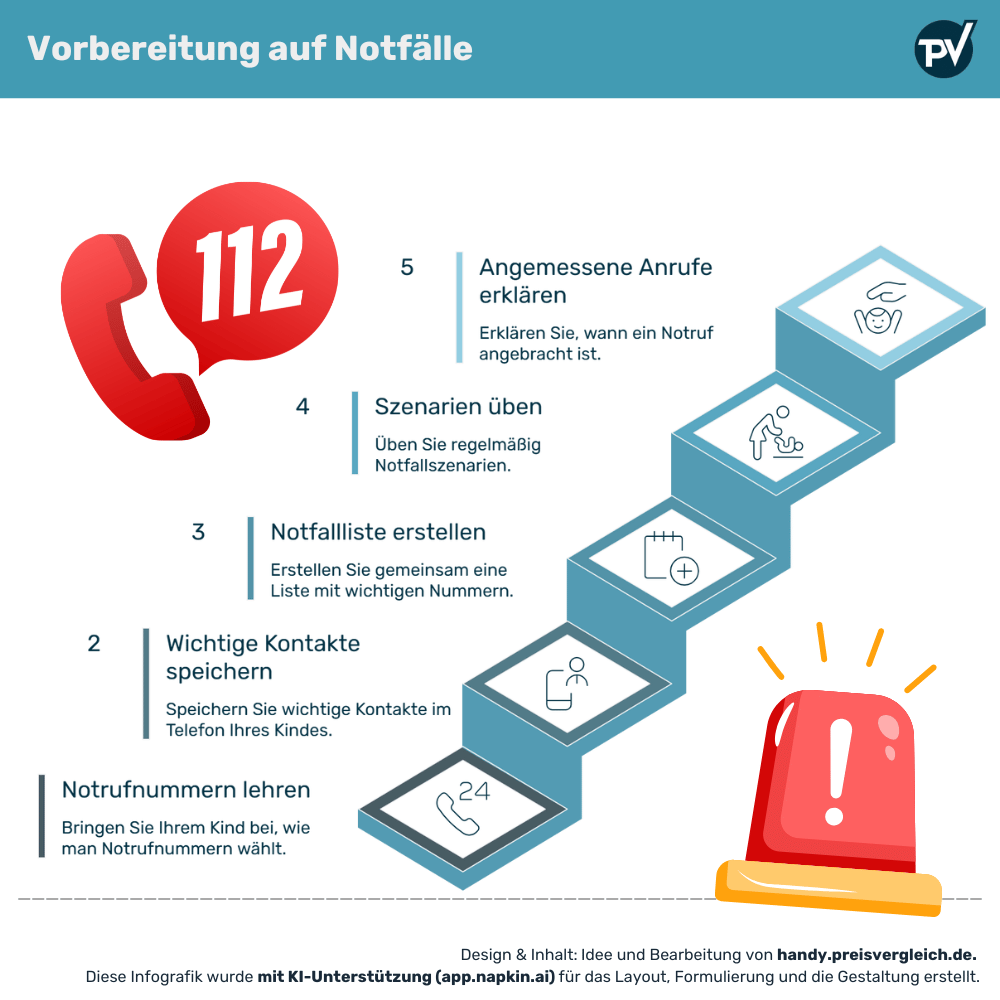 Die Infografik mit dem Titel „Vorbereitung auf Notfälle“ zeigt in fünf aufeinander aufbauenden Schritten, wie Eltern ihre Kinder auf den Ernstfall vorbereiten können. Sie ist wie eine aufsteigende Treppe gestaltet, die symbolisch den Lernprozess darstellt. Der erste Schritt besteht darin, Kindern beizubringen, wie man Notrufnummern wie die 112 richtig wählt. Im zweiten Schritt wird empfohlen, wichtige Kontakte im Handy des Kindes zu speichern, damit diese im Notfall schnell erreichbar sind. Darauf folgt die Erstellung einer gemeinsamen Notfallliste mit allen relevanten Telefonnummern. Der vierte Schritt ermutigt Eltern, regelmäßig Notfallszenarien zu üben, um Kinder mit potenziellen Situationen vertraut zu machen. Im letzten Schritt sollen Kinder lernen, wann ein Notruf wirklich angebracht ist, um Missverständnisse oder Fehlalarme zu vermeiden. Begleitet wird die Infografik von einem roten 112-Telefonsymbol und einer stilisierten Alarmleuchte, die die Dringlichkeit des Themas unterstreichen.