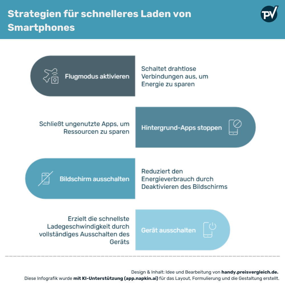 Infografik mit vier Tipps zum schnelleren Laden von Smartphones: Flugmodus aktivieren, Hintergrund-Apps stoppen, Bildschirm ausschalten, Gerät ausschalten.